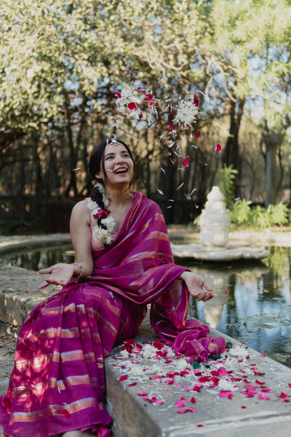 Gold & Silver Lurex Stripes Saree With Tassels