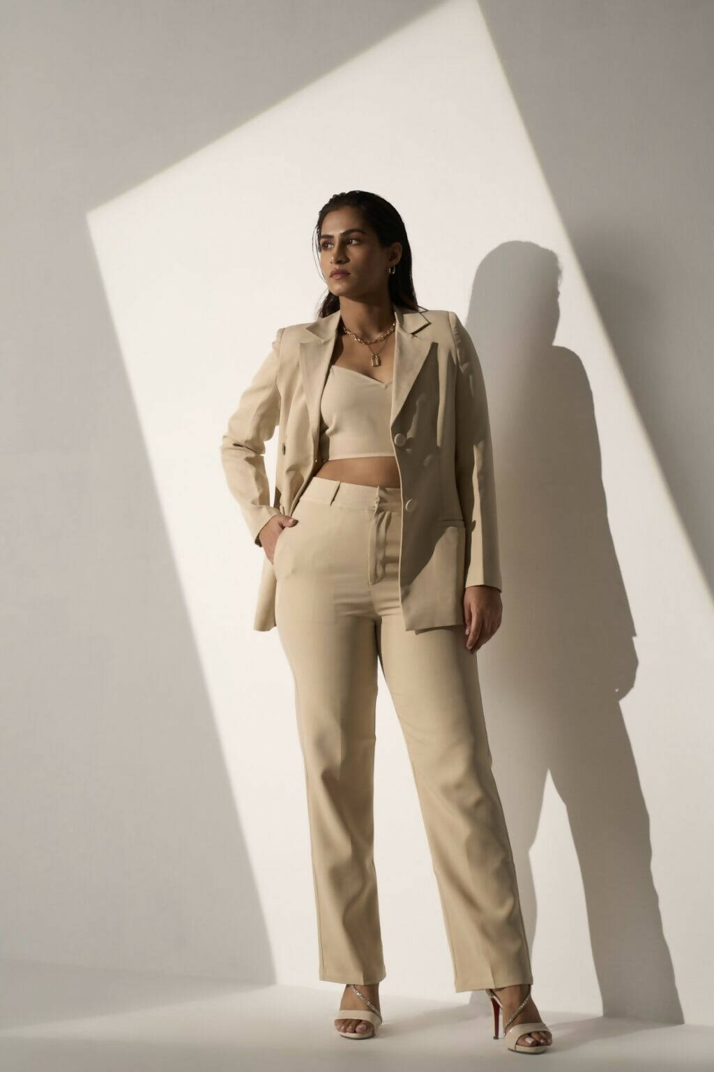 Stronger Now Beige Blazer With Straight Pants Set