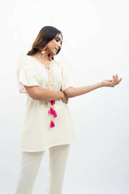 Miwa Ivory Cotton Coord Set with Katha Embroidery