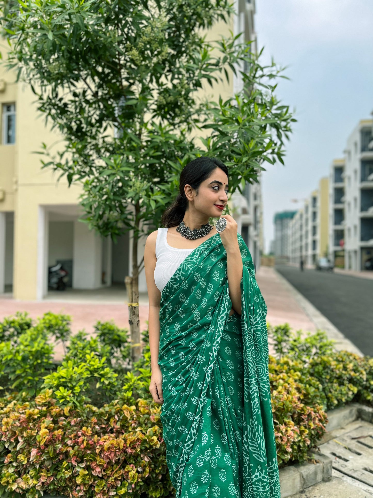 Hari Bhari Handblocked Saree