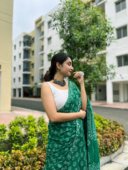 Hari Bhari Handblocked Saree