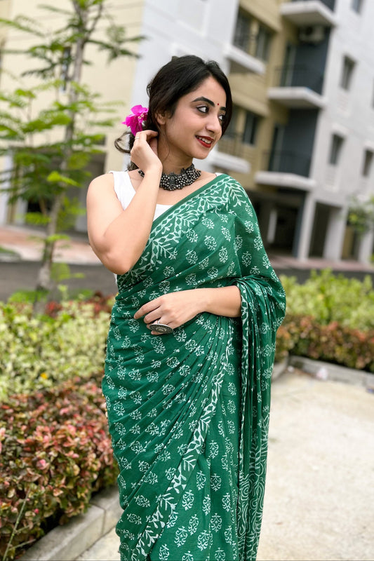 Hari Bhari Handblocked Saree