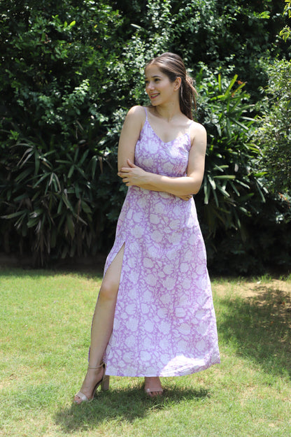 Fervent Lilac Hand Block Printed Cotton Slit Dress