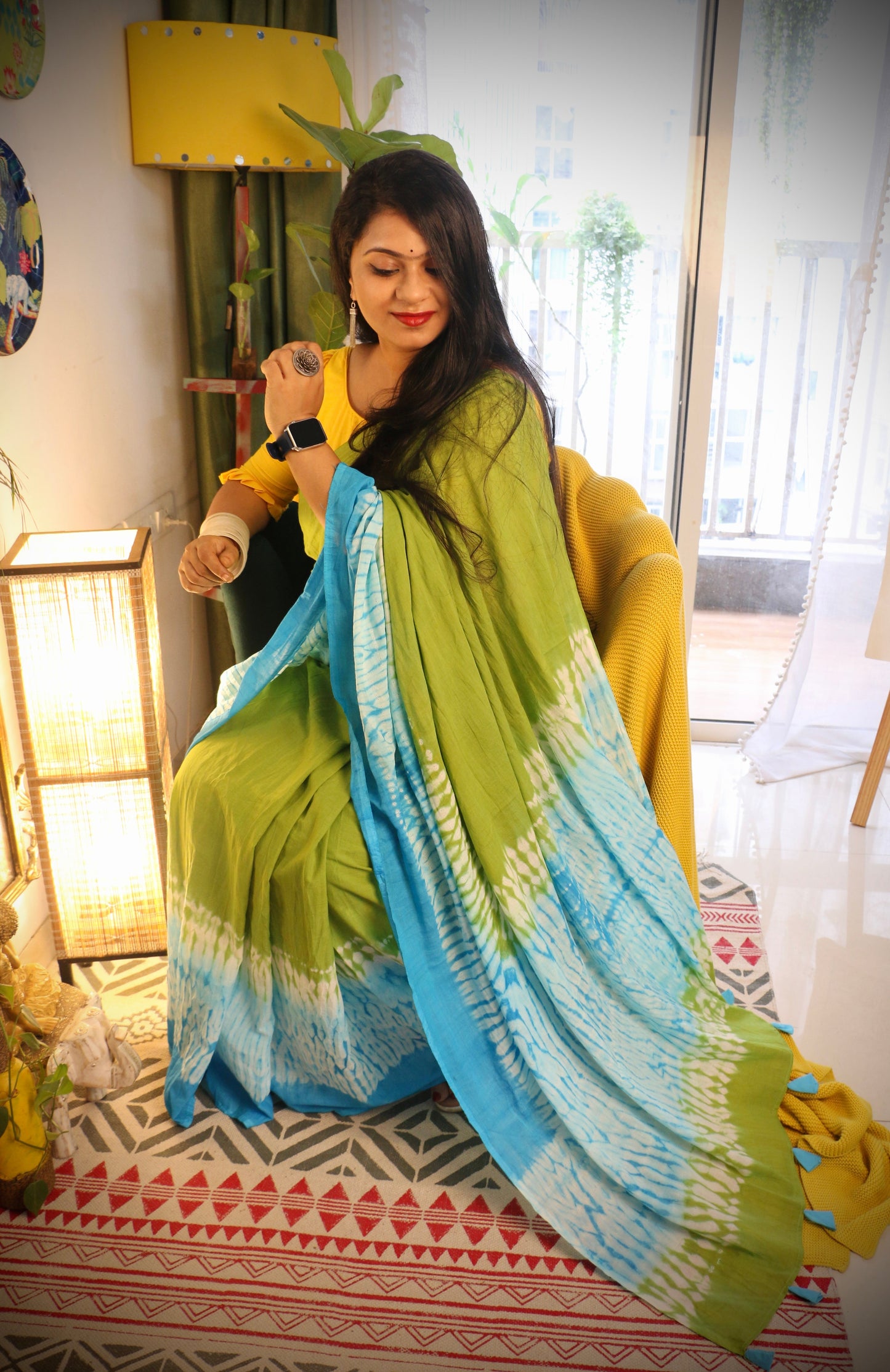 Firozi Tie & Dye Shibori Print Mulmul Cotton Saree