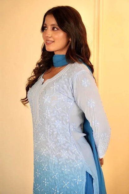 Blue Ombre Sia Chikankari And Pearl Work Kurti/Set