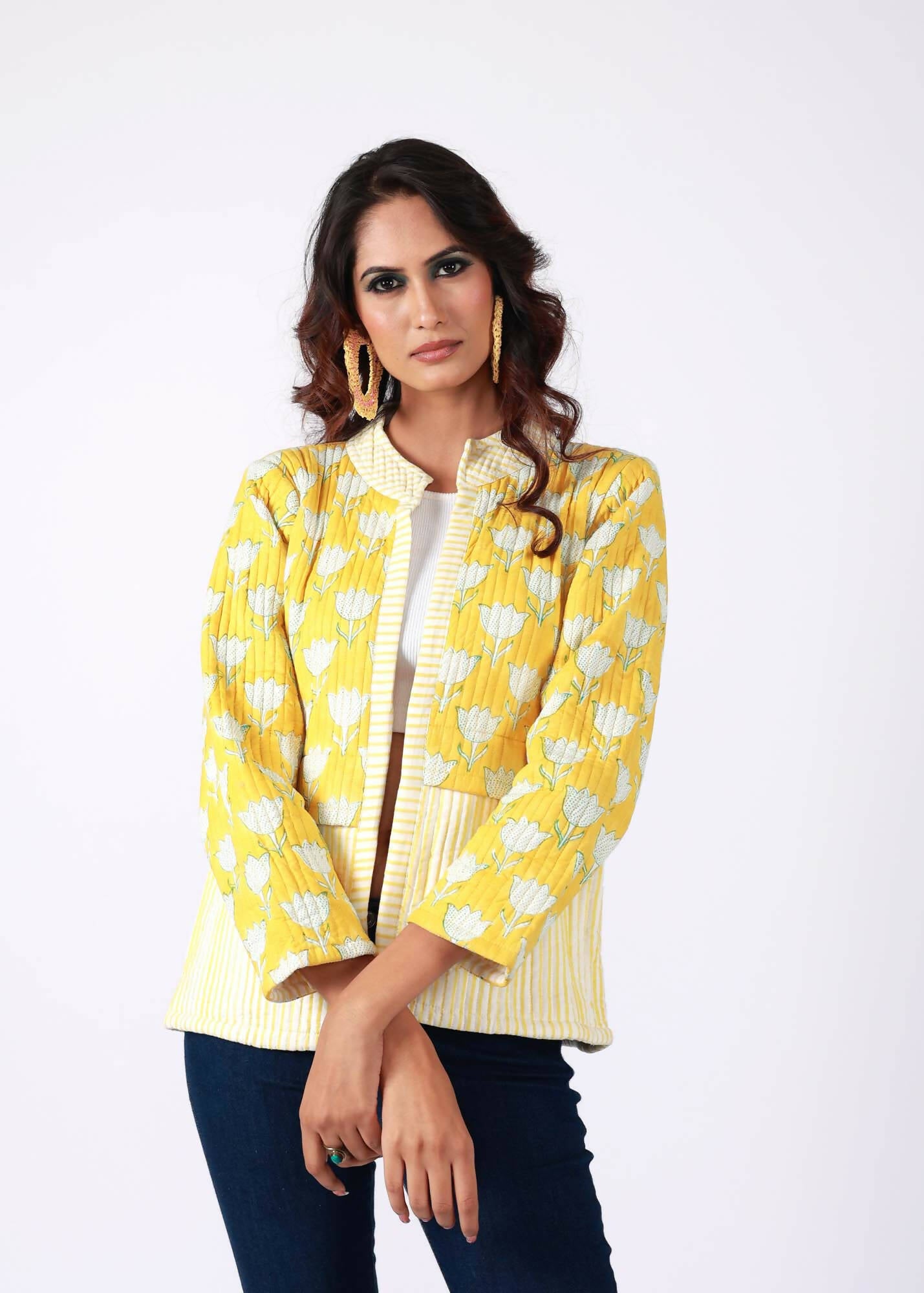 Cockatiel Handblock Printed Yellow Jacket