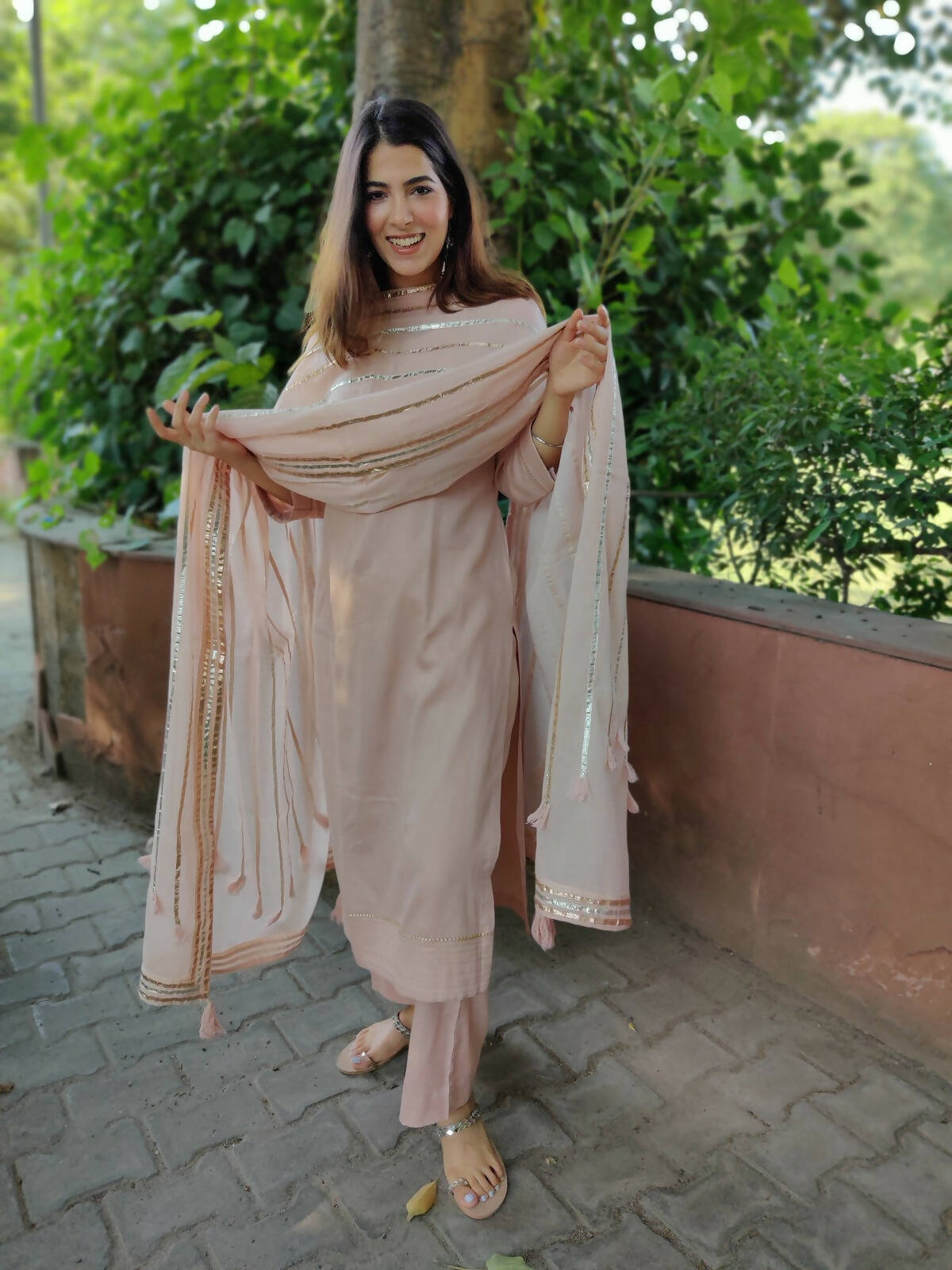 Nude Pink Cotton Dupatta Set