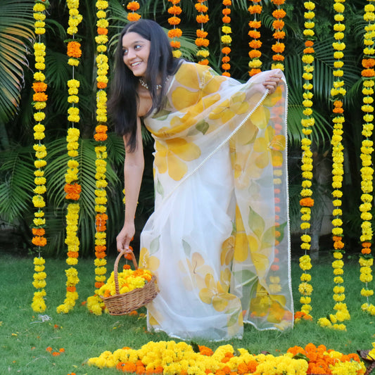 Hibiscus Organza Saree In Off-White