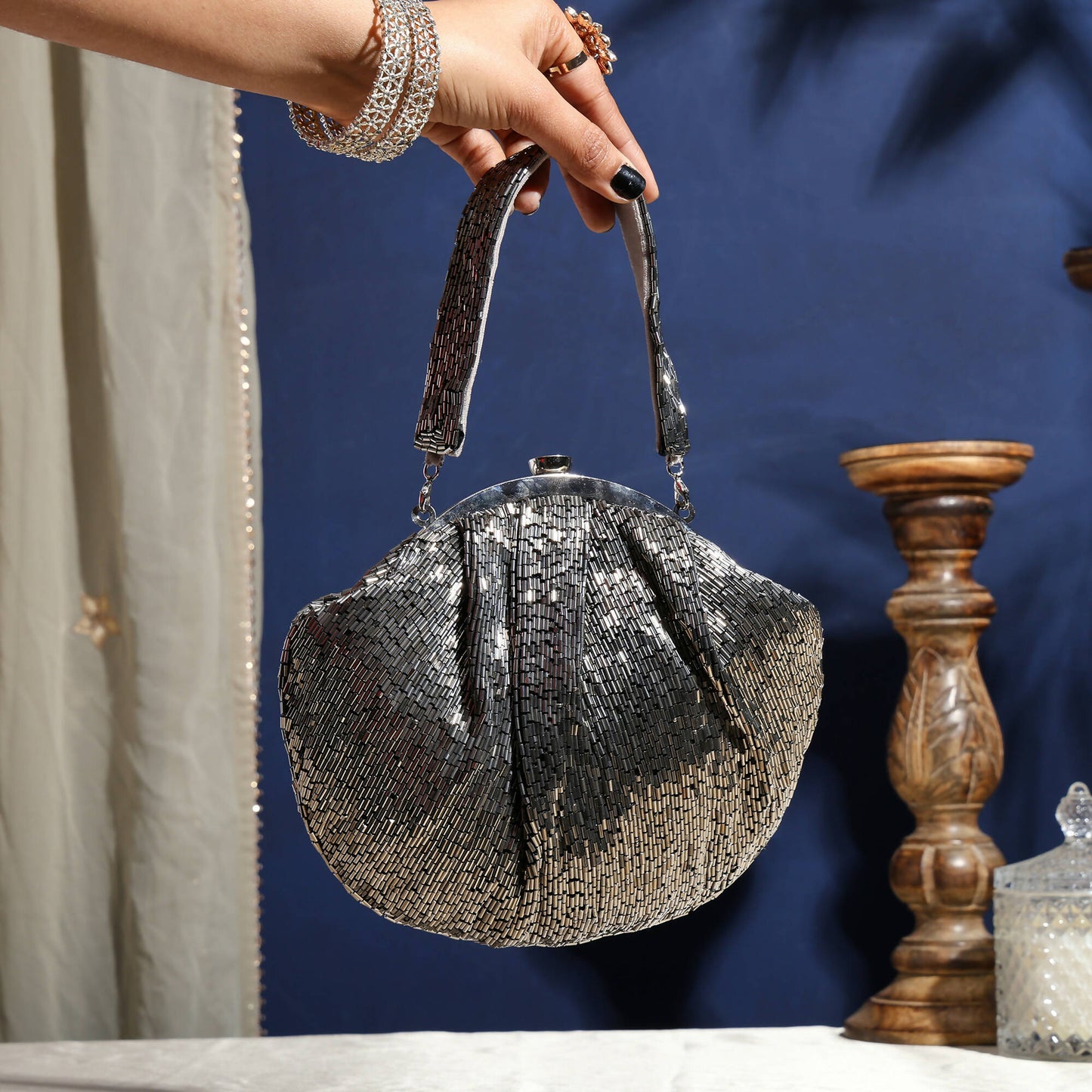 Silver Cutdana Glam Batua Bag