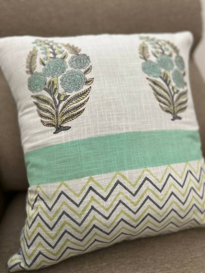 Slub Cotton Cushion Cover| Aqua Green Zig-Zag (Set of 2)