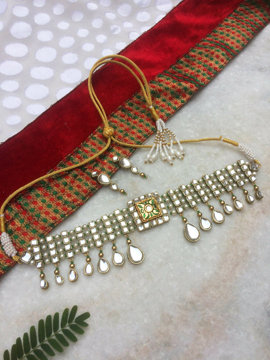 Square Kundan and Pearl Choker Necklace