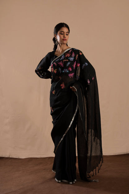 Titli Embroidered Black Linen Saree