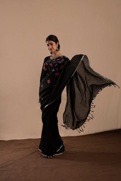 Titli Embroidered Black Linen Saree