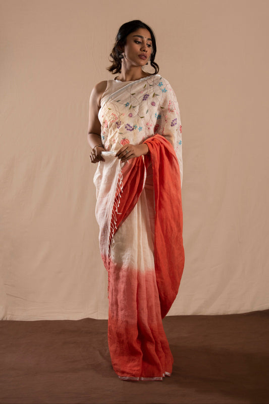 Dastaan White & Orange Linen Saree