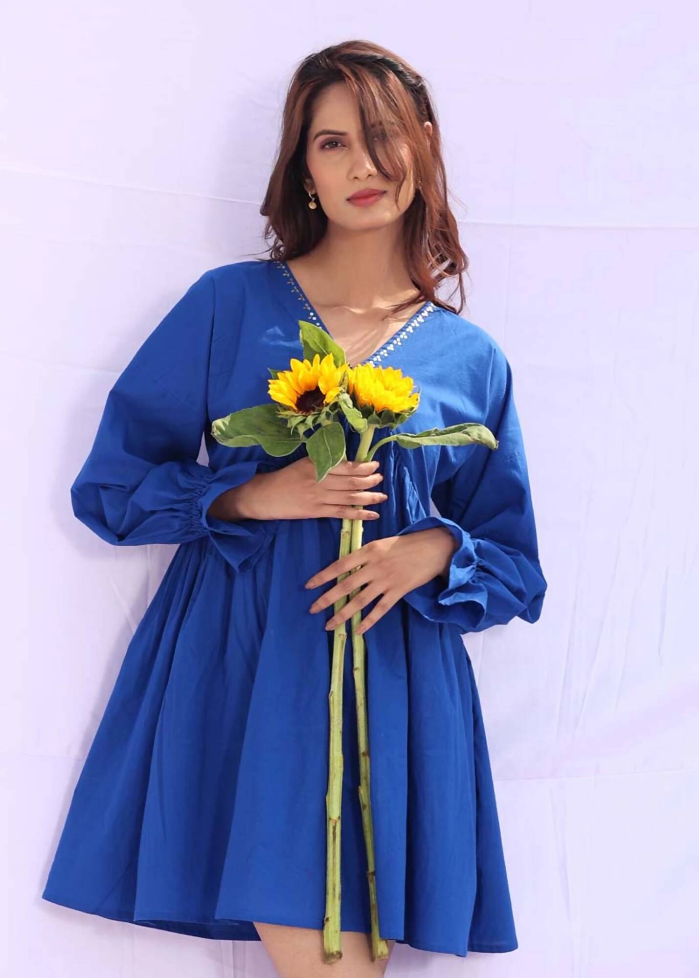 Blue Sunflower Knee Length Dress