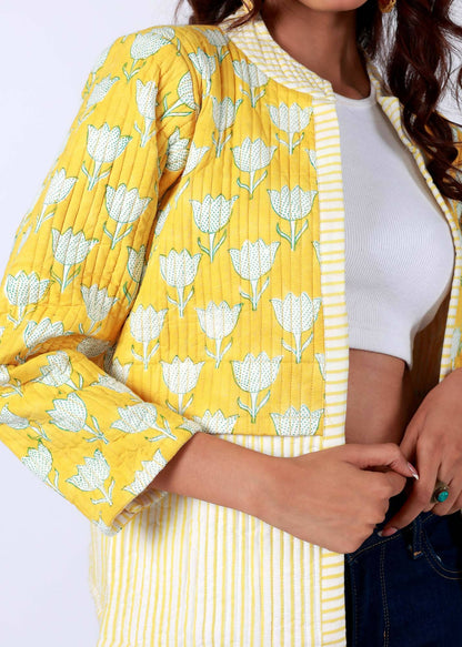 Cockatiel Handblock Printed Yellow Jacket