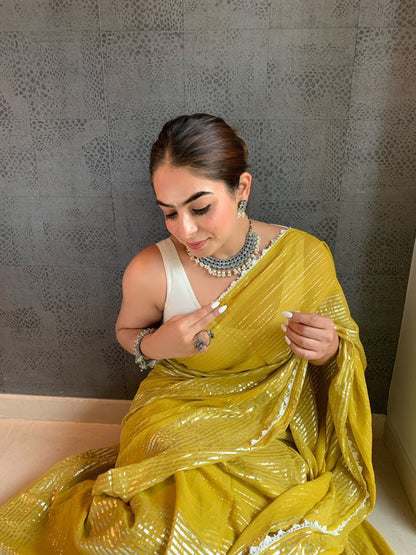 Yellow Shine Silver Gota Lace Saree