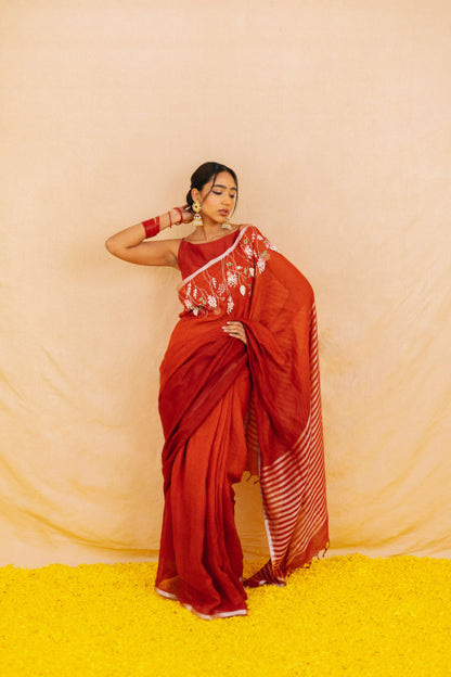 Ibtida Embroidery Red Linen Saree