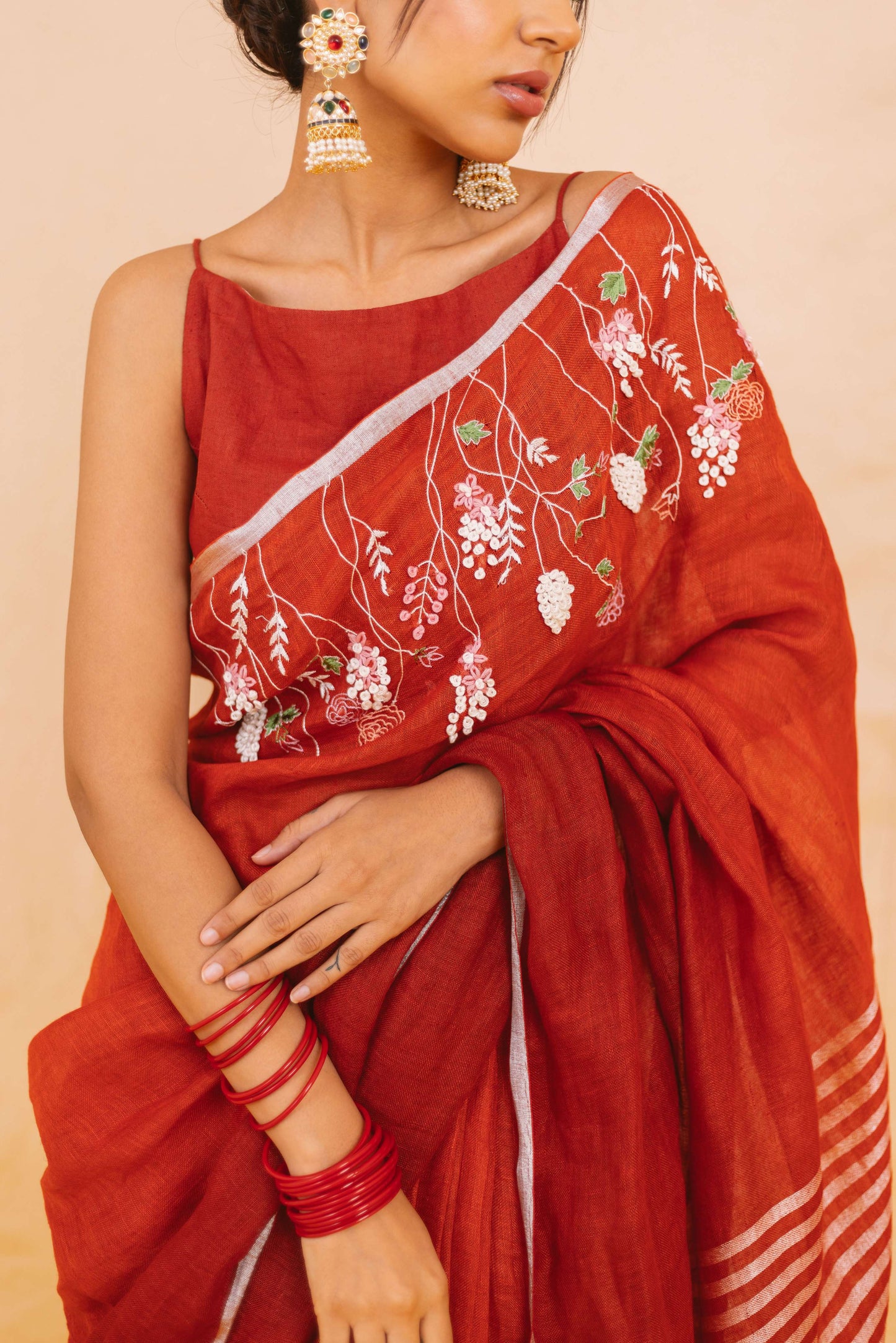 Ibtida Embroidery Red Linen Saree