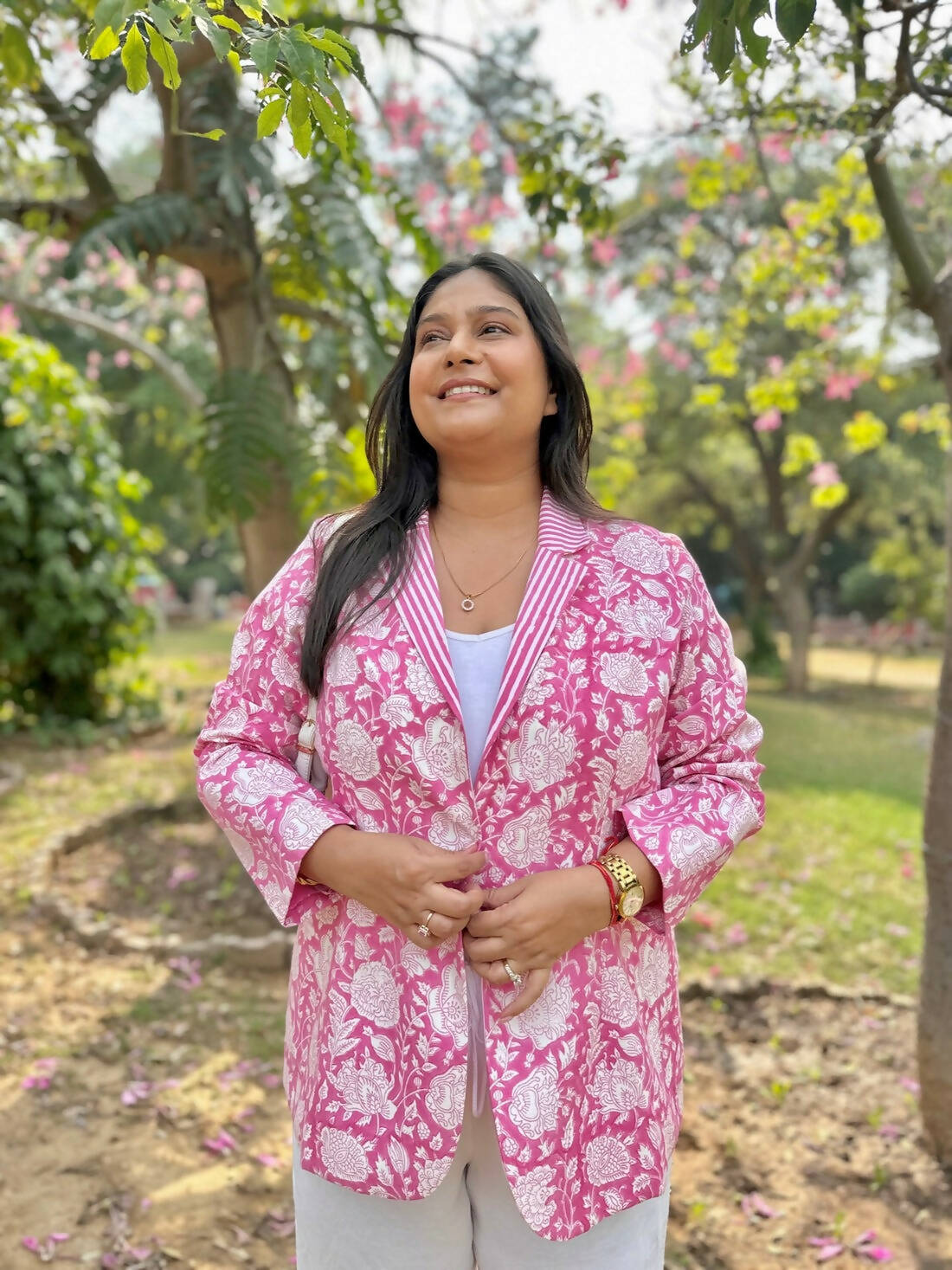 Floral Block Printed Blazer - Pink