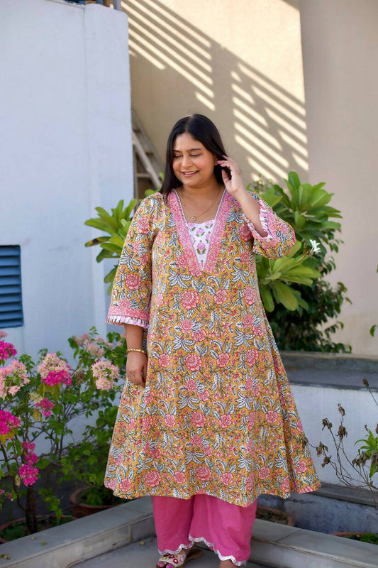 A- Line - Flower Pink Kurta