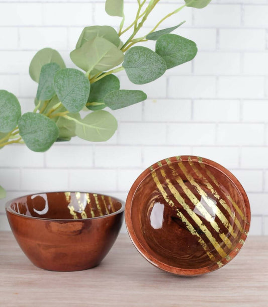 Serving Bowl Wooden Gold Stripes