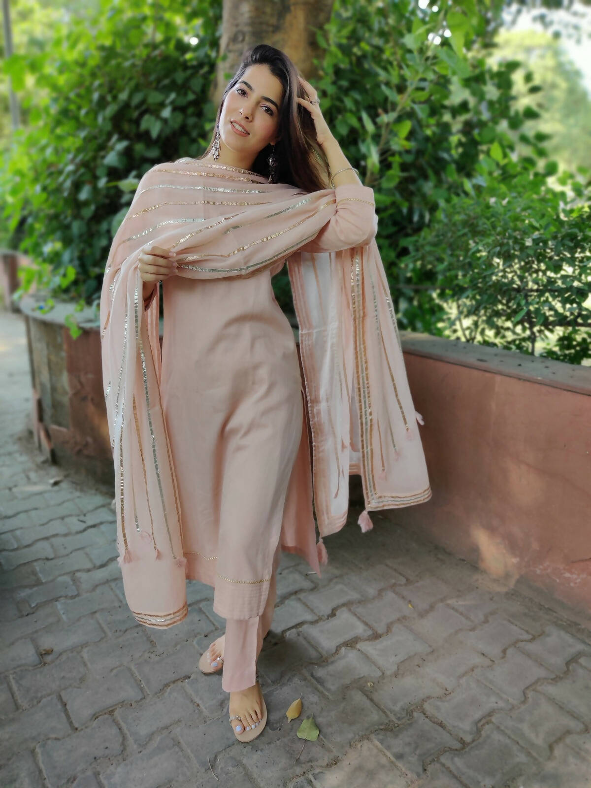 Nude Pink Cotton Dupatta Set