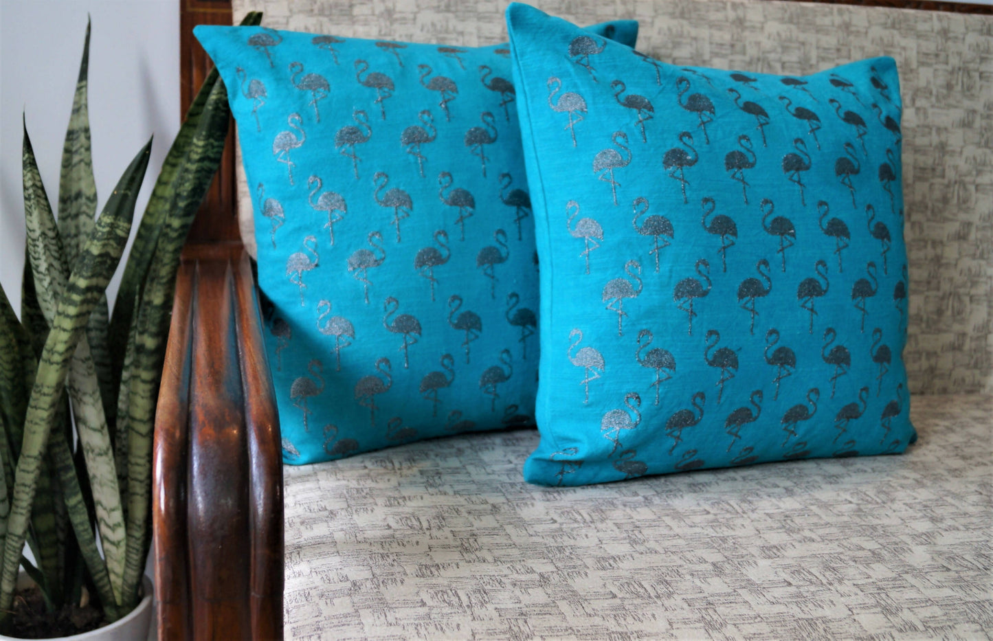 Flamingo Cushion Cover Turqouise with Gunmetal Embroidery