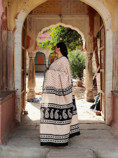 Red Desert - Hand Block Print Mulmul Cotton Bagru Saree