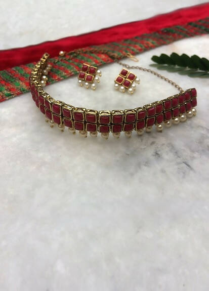 Red Resin Stone and Pearl Choker Necklace Set