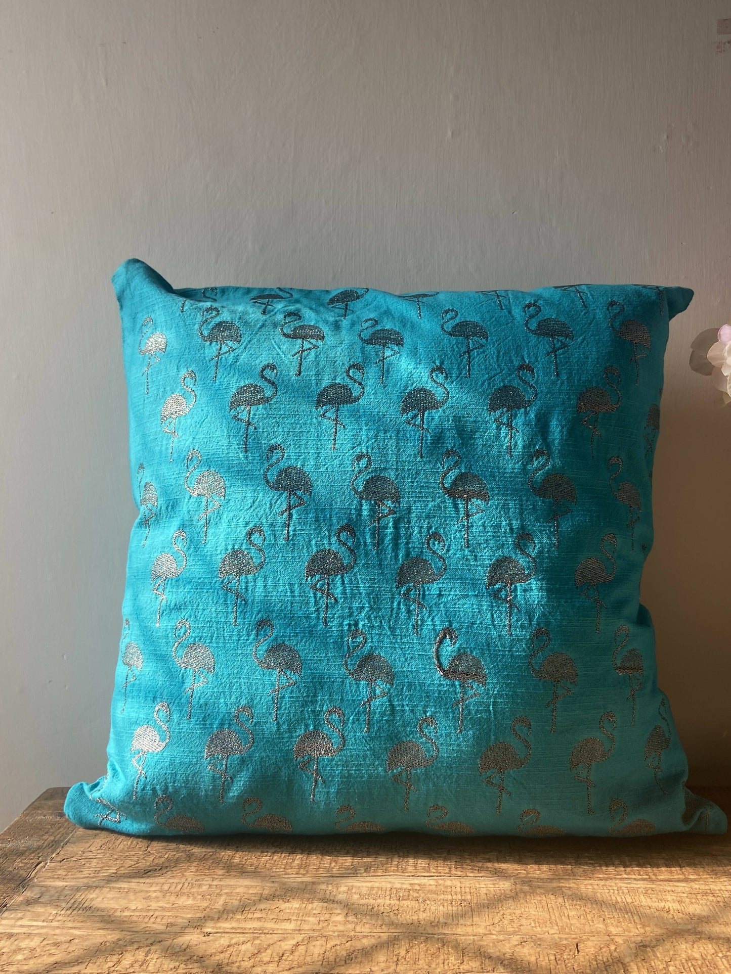 Flamingo Cushion Cover Turqouise with Gunmetal Embroidery