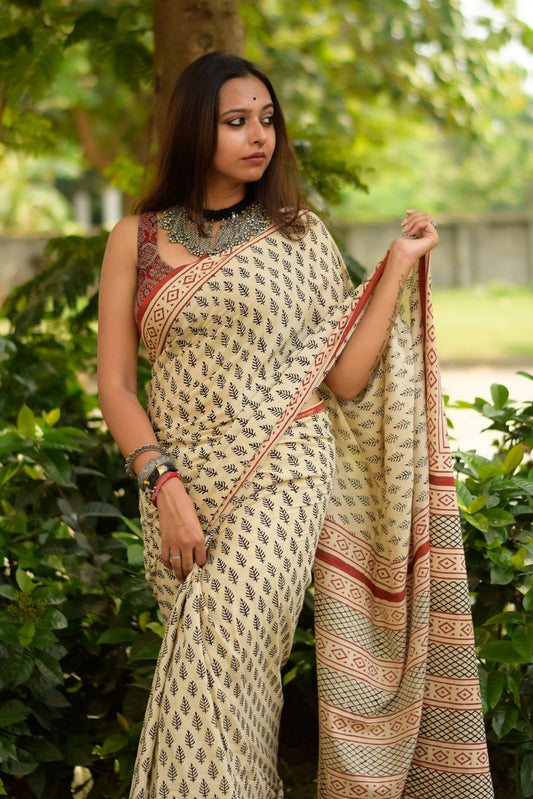 Desert Pine  - Bagru Hand Block Saree