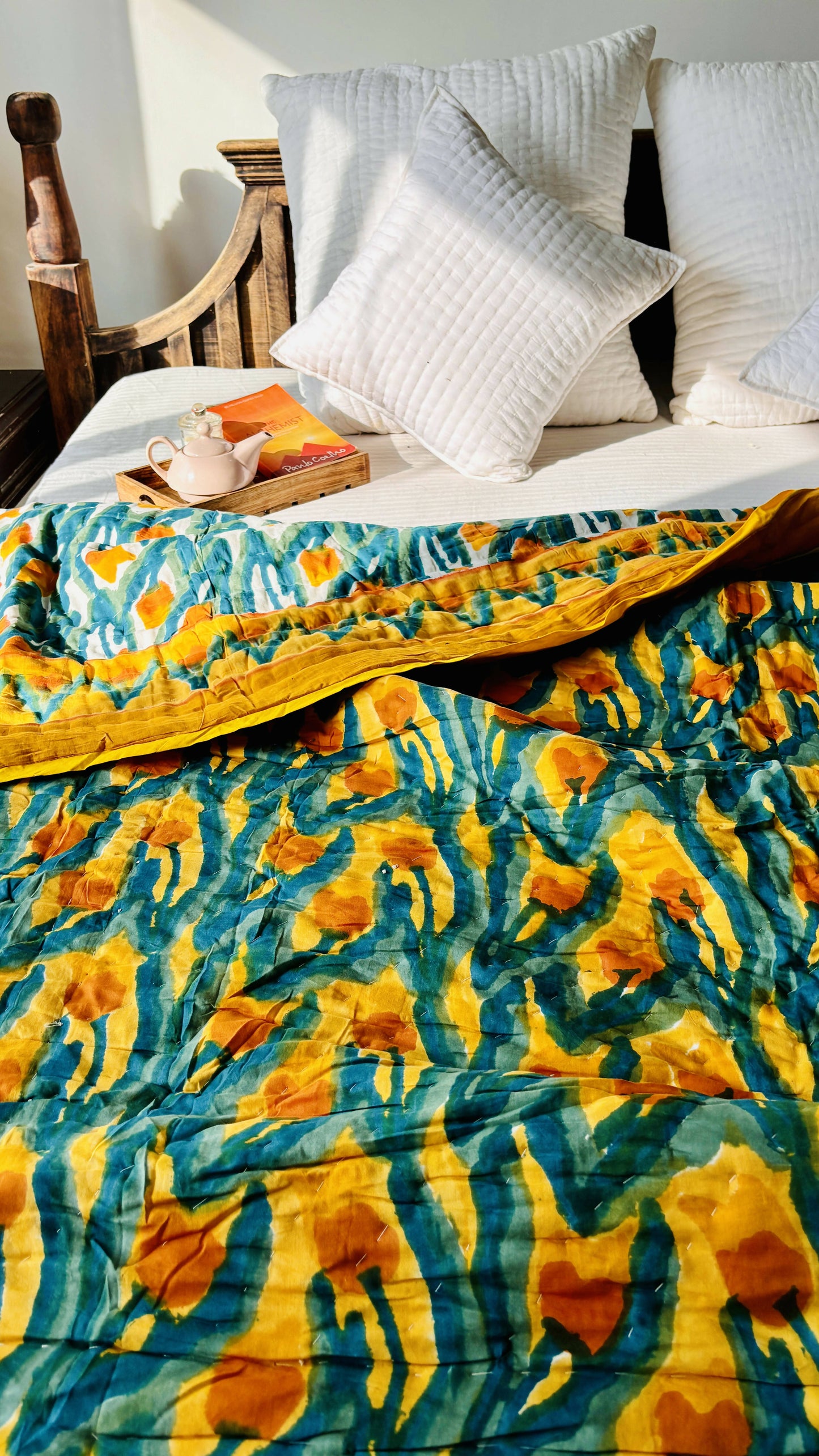 Yellow Tulip Block Print Reversible Quilt