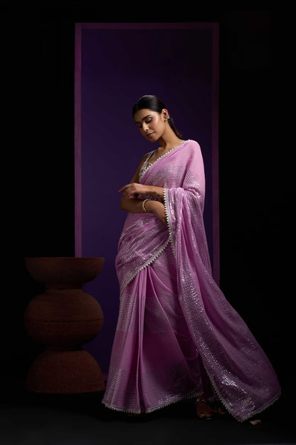 Lavender Shine Silver Gota Border Saree