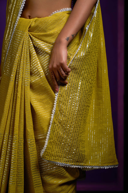 Yellow Shine Silver Gota Lace Saree