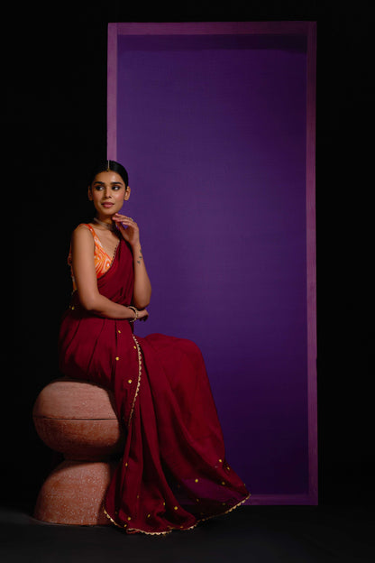 Noori Mahroon Organza Handwork Saree