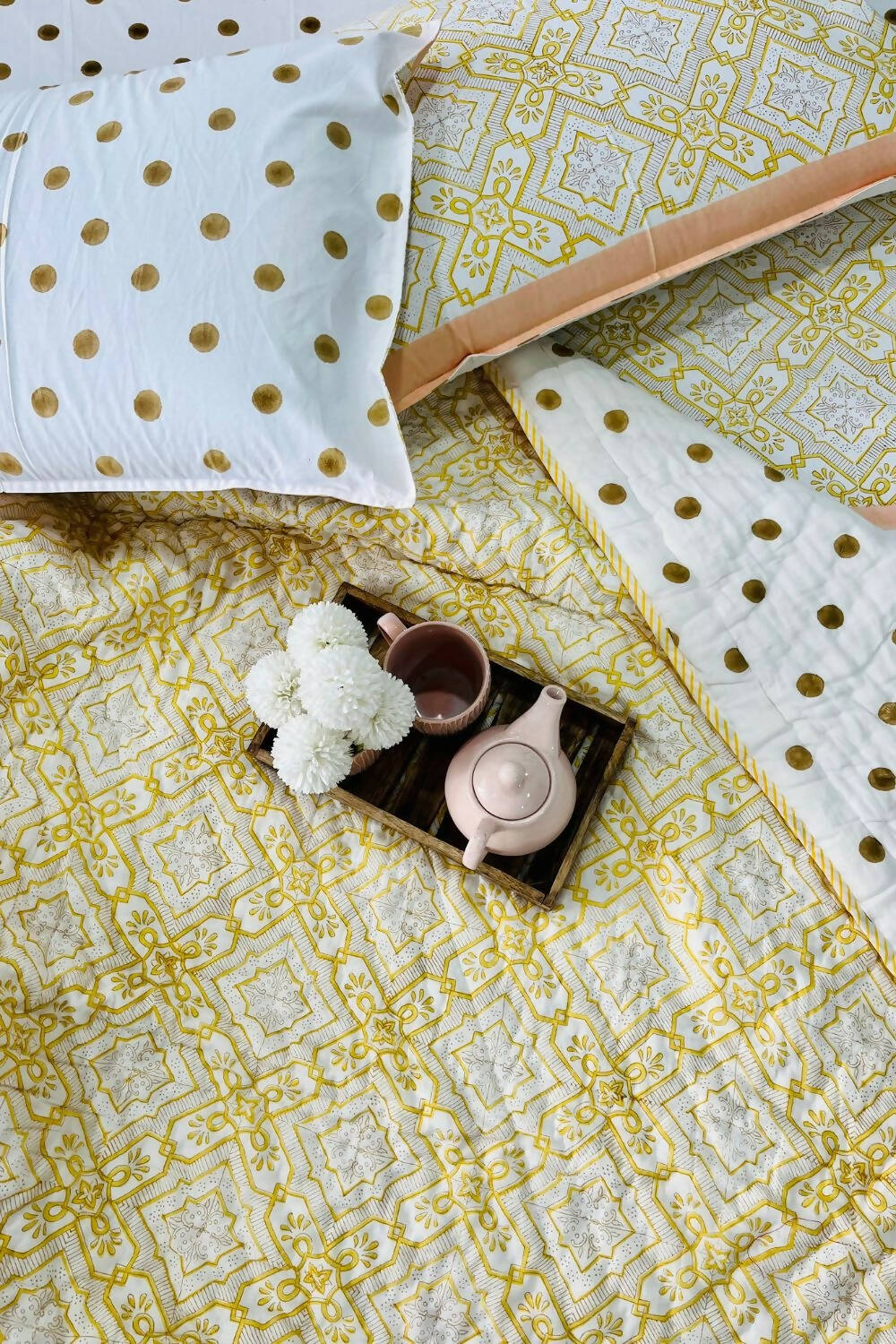 Yellow Moroccan Hand Block Printed Cotton Quilt