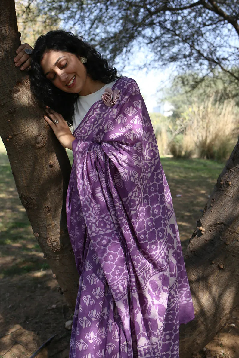 Wild Violet - Dabu Hand Block Print Mulmul Cotton Bagru Saree