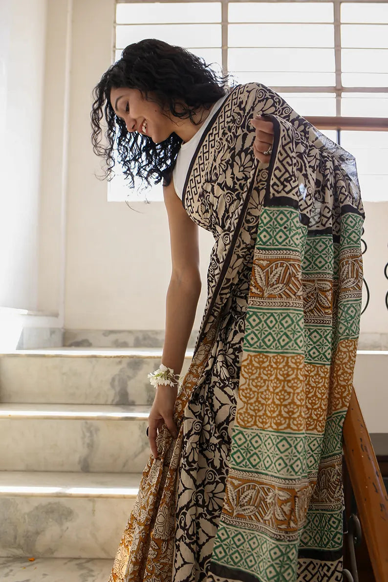 Spring Garden - Dabu Hand Block Print Mulmul Cotton Bagru Saree