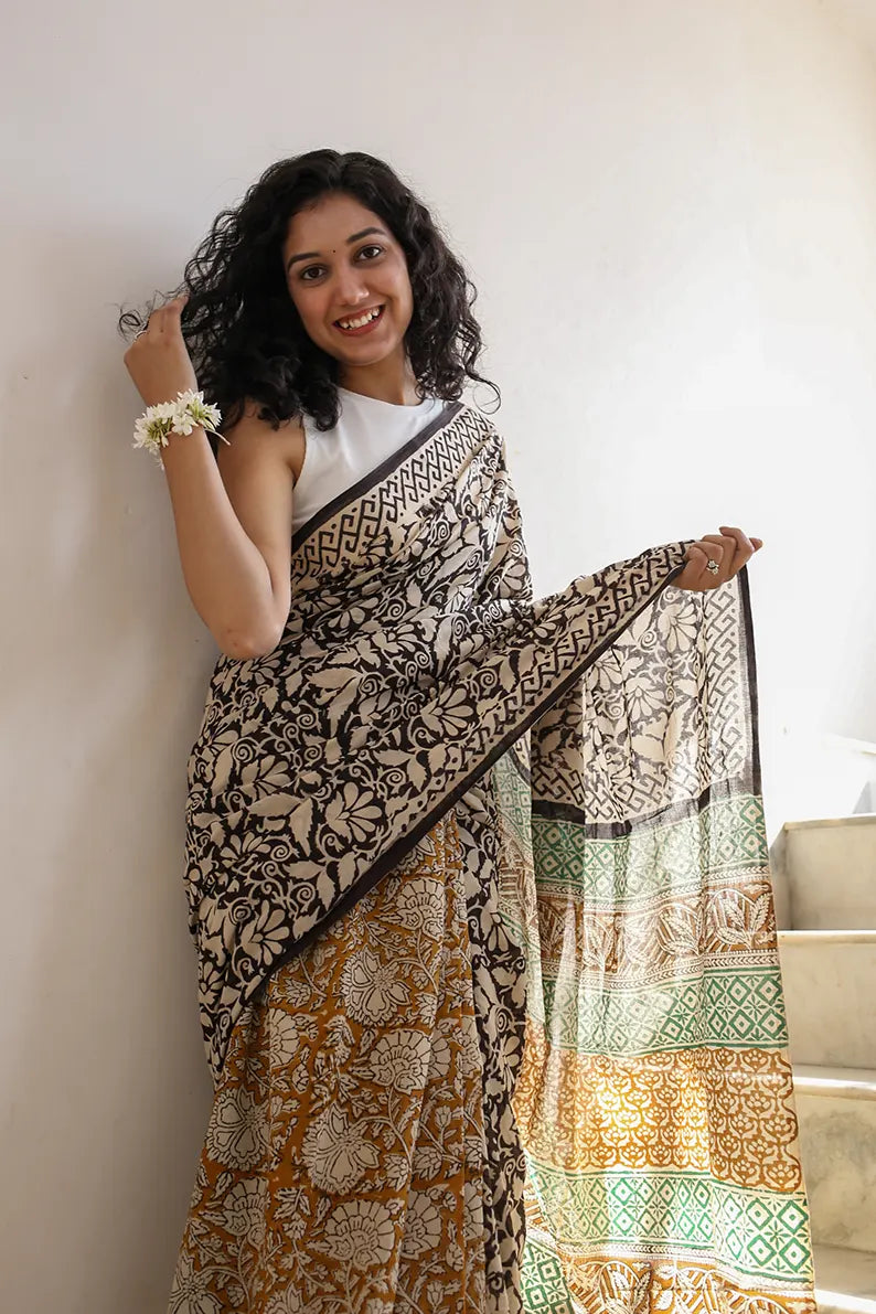 Spring Garden - Dabu Hand Block Print Mulmul Cotton Bagru Saree