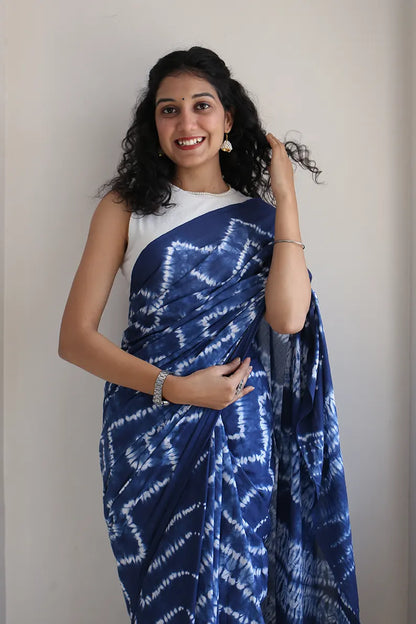 Blue Moon - Tie-Dye Mulmul Cotton Bagru Saree