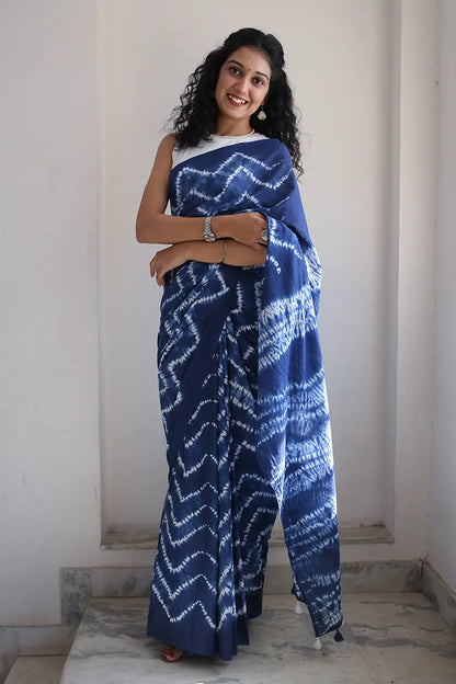 Blue Moon - Tie-Dye Mulmul Cotton Bagru Saree