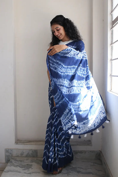 Blue Moon - Tie-Dye Mulmul Cotton Bagru Saree