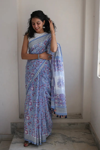 Whimsical Blue - Hand Block Print Mulmul Cotton Bagru Saree