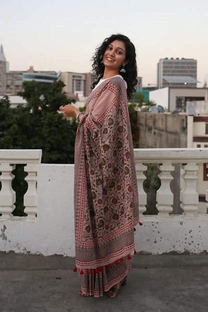 Old Rose - Hand Block Printed Mulmul Cotton Bagru Saree