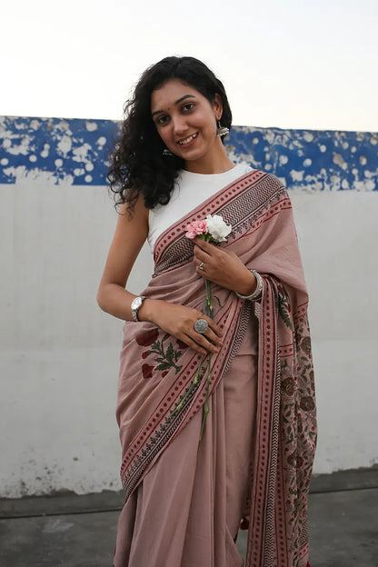 Old Rose - Hand Block Printed Mulmul Cotton Bagru Saree