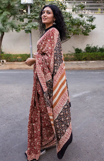 Paisley Crush - Hand Block Print Mulmul Cotton Bagru Saree