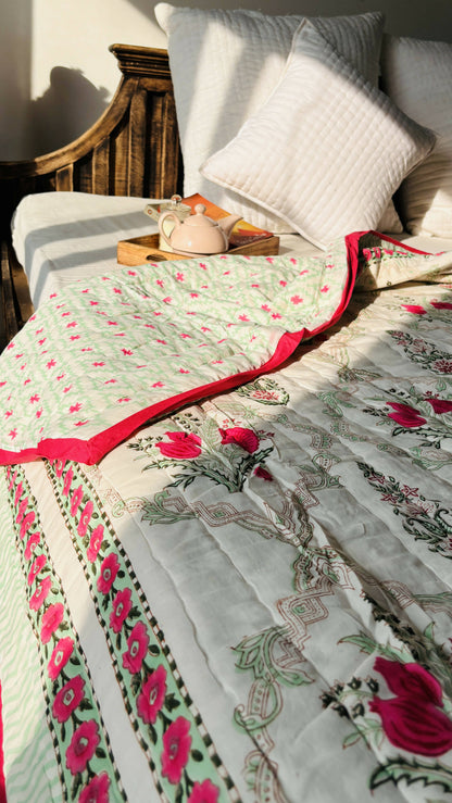 Pink Peony Hand Block Print Reversible Quilt