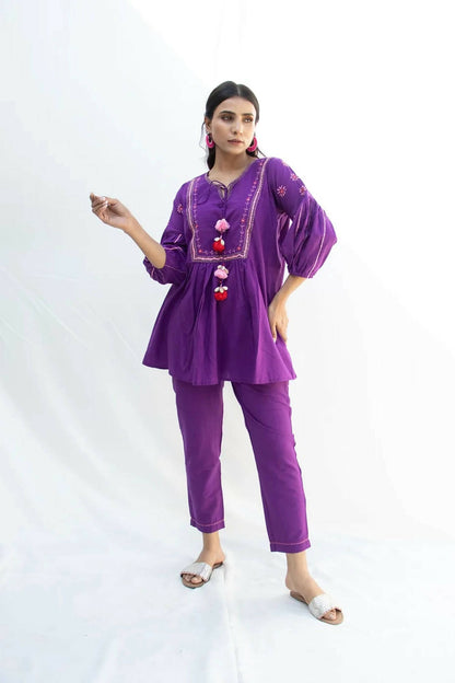 Ashira Purple Cotton Coord Set with Katha Embroidery