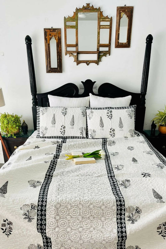 Black Cyprus Handblock Printed Quilted Bedcover